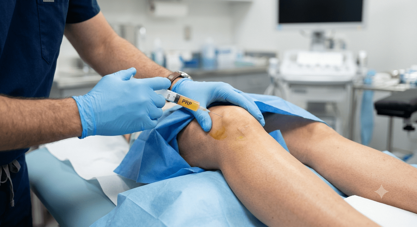 Platelet rich plasma (prp) is injected into a patients knee by a trained medial professional