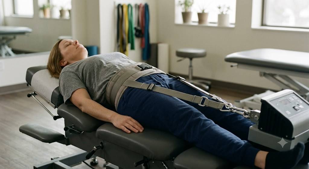 Patient lying supine on a non-surgical spinal decompression table receiving targeted lumbar traction therapy in a modern clinical setting