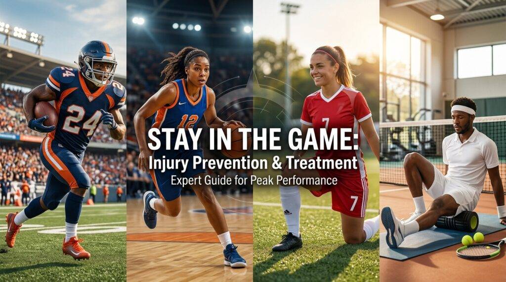 Four athletes representing football, basketball, soccer, and tennis demonstrating active play, stretching, and injury prevention techniques.