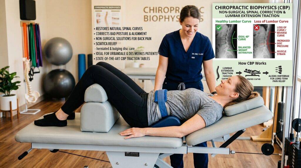 Chiropractic BioPhysics lumbar extension traction setup showing a smiling patient relaxed on a clinical traction table with a supportive lumbar fulcrum block and knee rest.