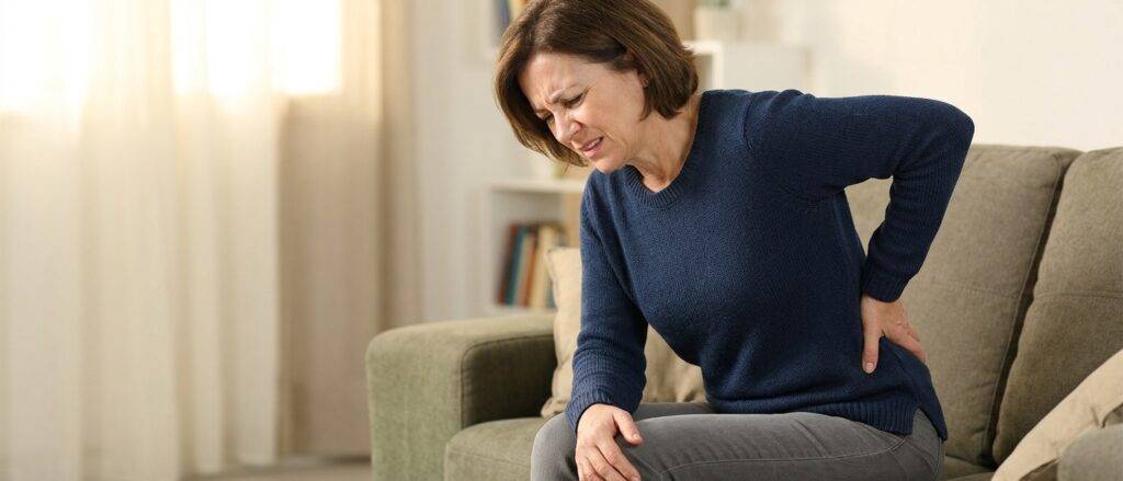 A woman sitting on a living room couch holding her lower back in discomfort, representing common causes of back pain.