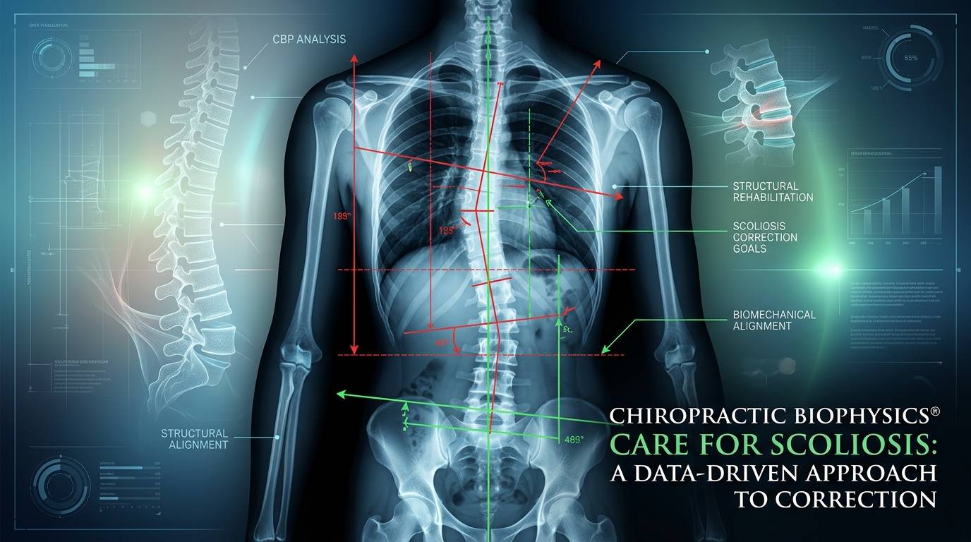 Chiropractic BioPhysics scoliosis analysis showing spinal curvature and structural alignment lines on a spinal X-ray